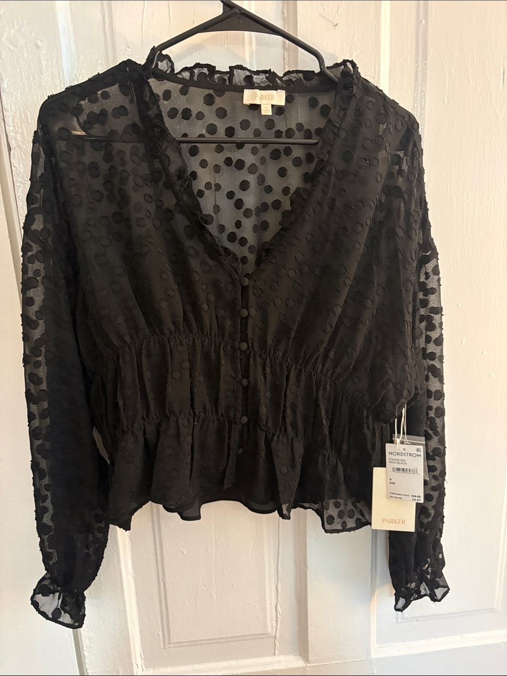 Parker Black Swiss Dot V-Neck Button-Front Blouse